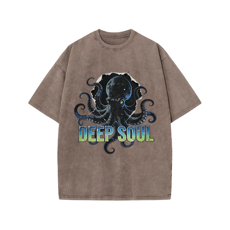 Deep Soul Black Octopus Print Acid Washed T-shirt - Coffee - US20-22(3XL) - image 4
