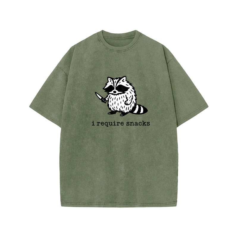  Funny Raccoon I Require Snacks print Acid Washed T-shirt - Army Green - US20-22(3XL) - image 5