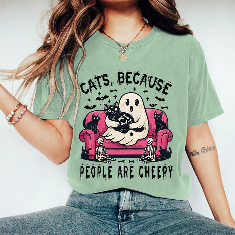 100% Cotton Halloween Ghost Holding Cat Print T-shirt - Green - 2XL - image 8