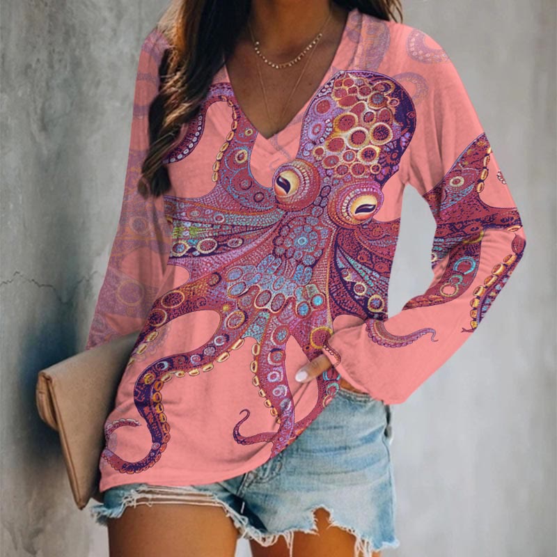 Unique Exquisite Octopus Pattern Art Print Long Sleeve T-shirt - Pink - 5XL - image 3