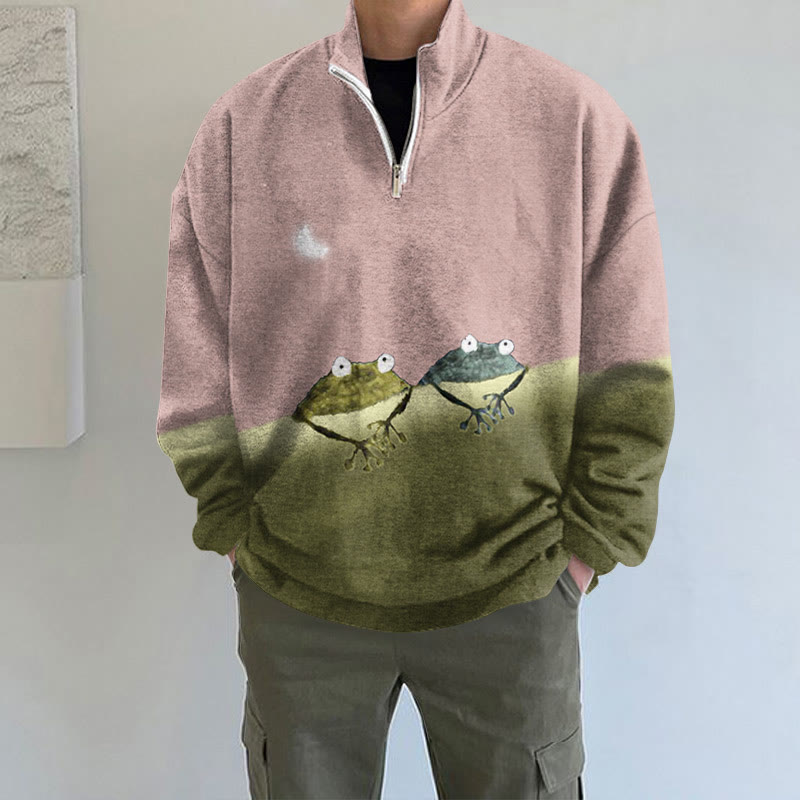 Simple Frog Color Block Print Long Sleeve Zipper Sweatshirt - Pink - 5XL - image 2