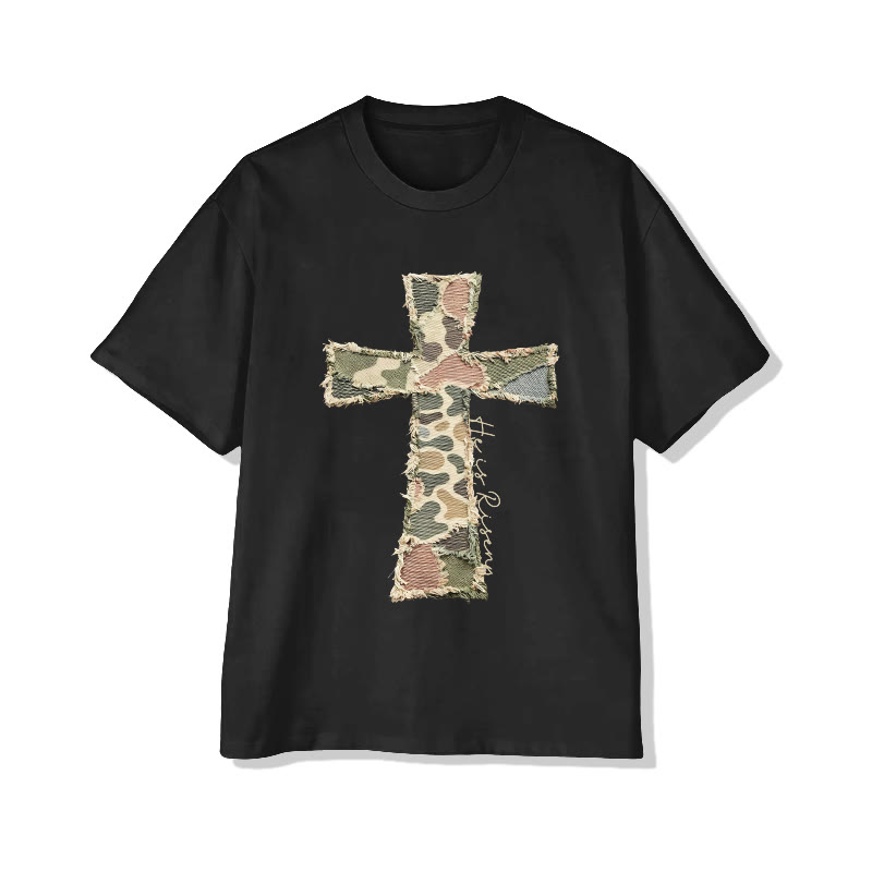 Christian He Is Risen Camouflage Cross Print Pattern Cotton Print T-shirt - Black - US16-18(2XL) - image 5