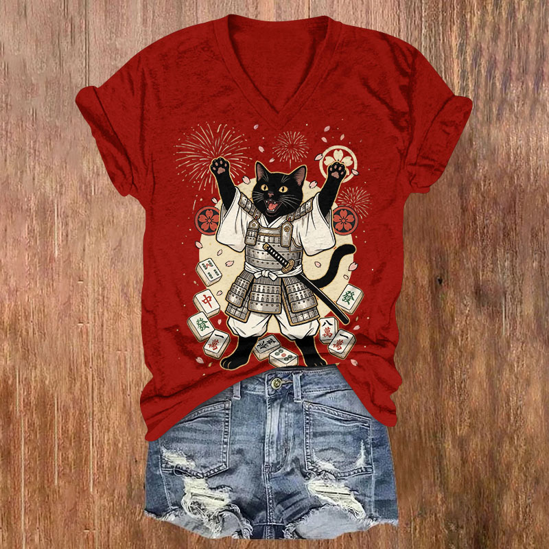 Samurai Black Cat Print Short Sleeved V-Neck T-Shirt - Red - US32-34(5XL) - image 3