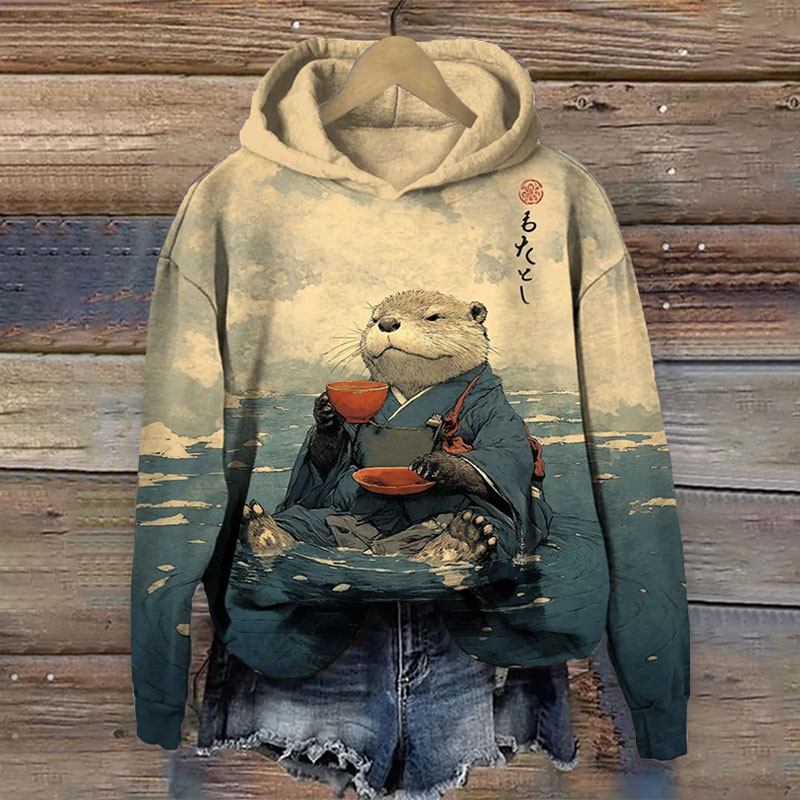 Otter Tasting Tea Japanese Art Print Long Sleeve Hoodie - Khaki - 8XL - image 1