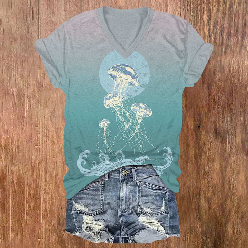 Creative Japanese Transparent Jellyfish Art T-shirt - Light Blue - US32-34(5XL) - image 2