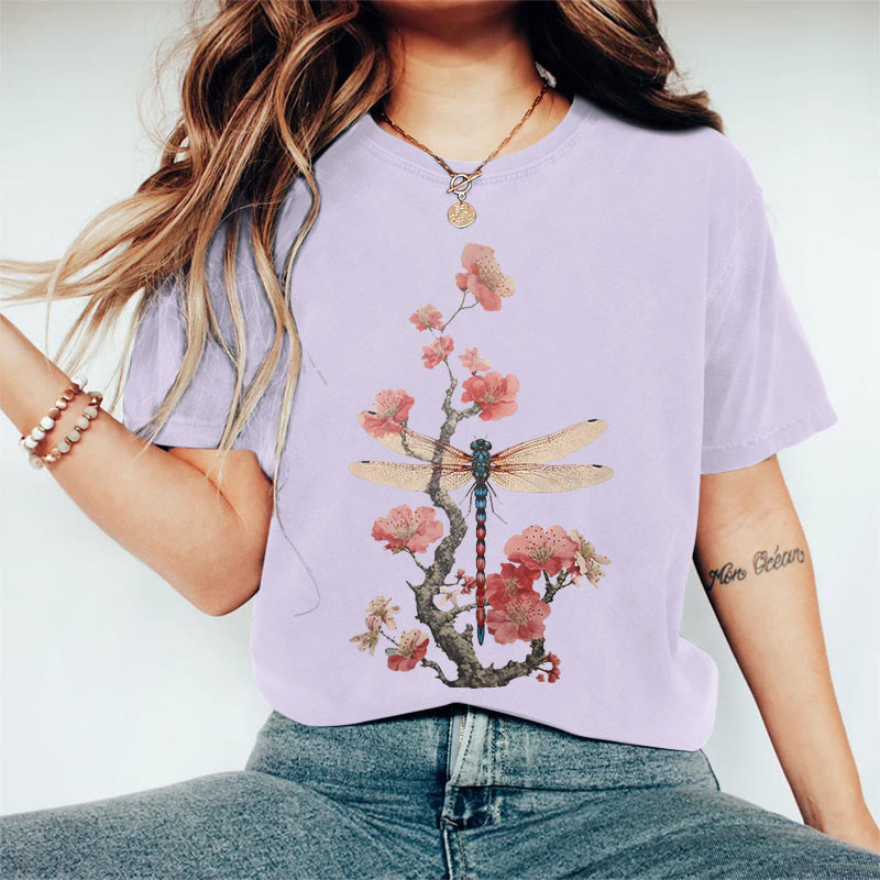 100% Cotton Retro Plum Blossom Dragonfly Japanese Art Print Casual T-shirt - Purple - 2XL - image 9