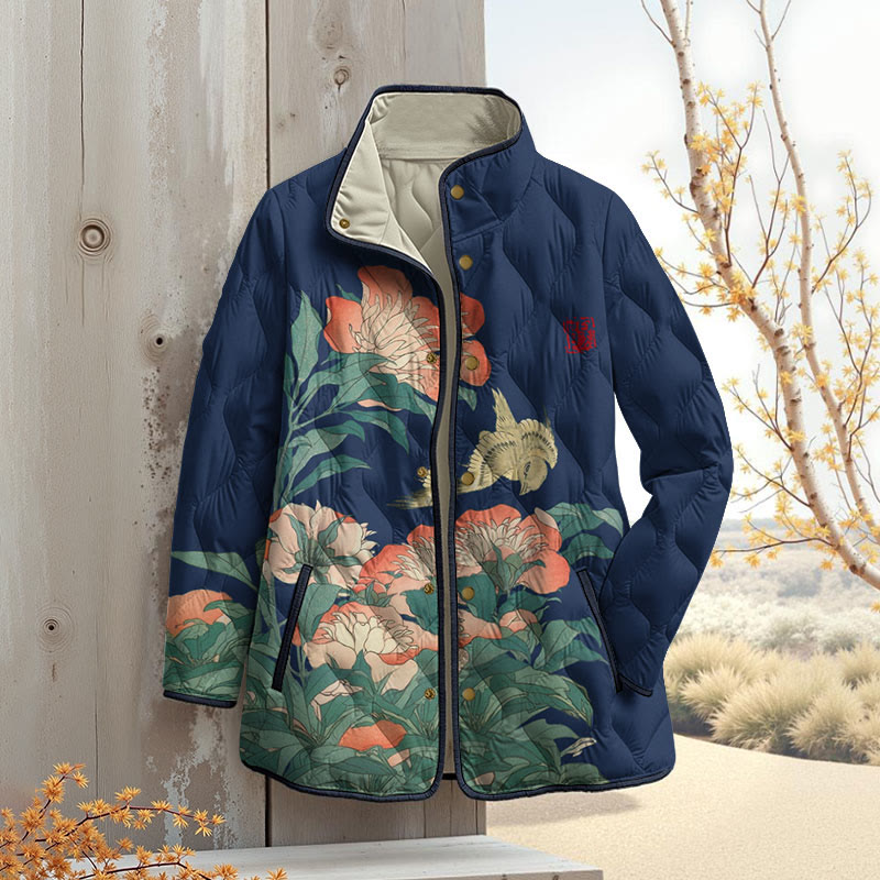 Retro Flower Art Print Outerwear Jackets - Navy Blue - 4XL - image 3
