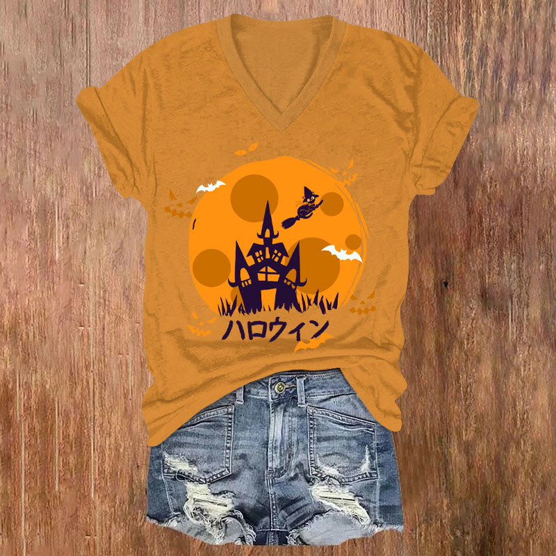  Women's Halloween Magic Pumpkin Castle Art T-shirt - Orange - US32-34(5XL) - image 2