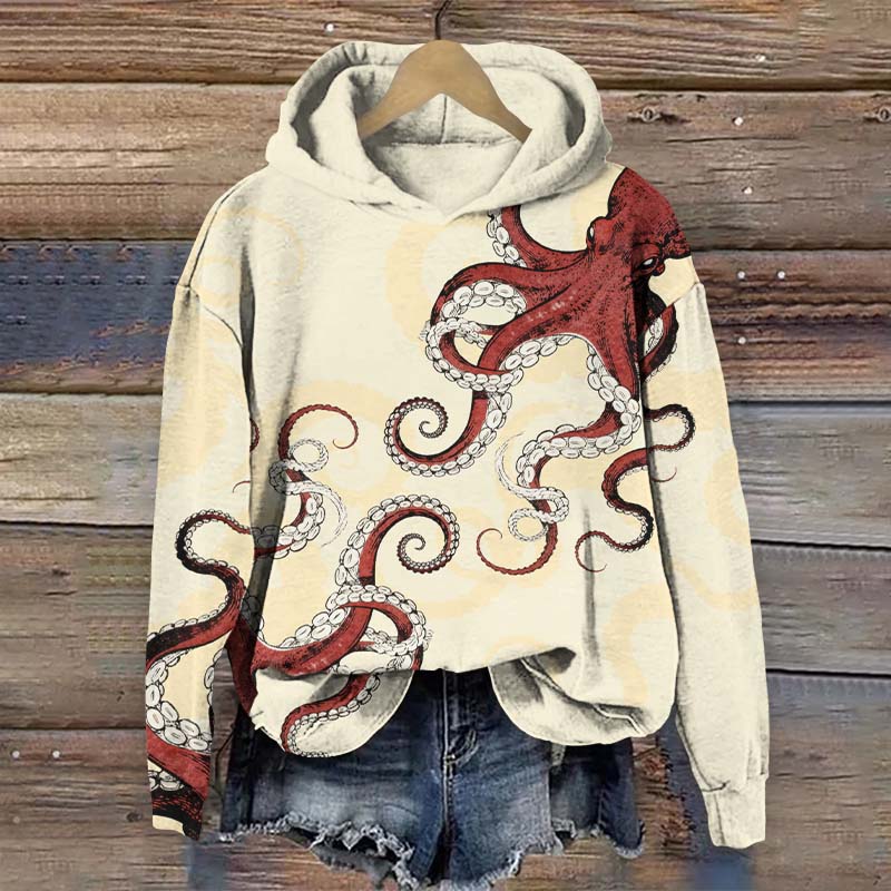 Vintage Red Octopus Art Print Long Sleeve Hoodie - Apricot - US44-46(8XL) - image 4
