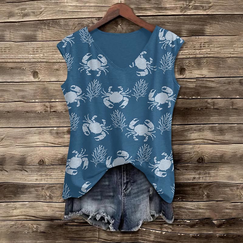 Lovely Crab & Sea Weed Print V-neck Tank Top - Blue - 5XL - image 3