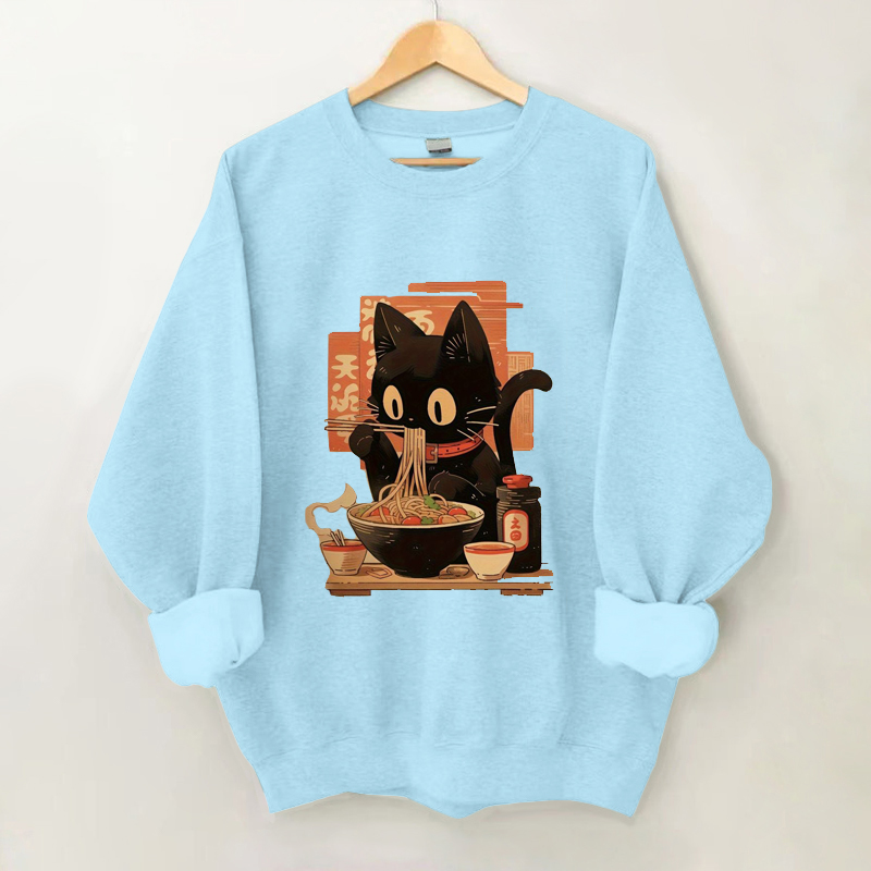 100% Cotton Japanese Ramen Cat Print Crew Neck Sweatshirt - Blue - 2XL - image 4