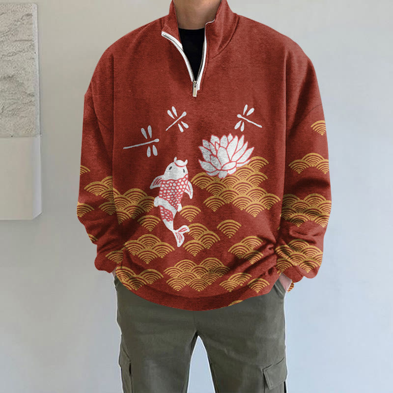 Japanese Style Koi Fish Dragonfly Wave Art Print Long Sleeve Zipper Sweatshirt - Red - 5XL - image 2