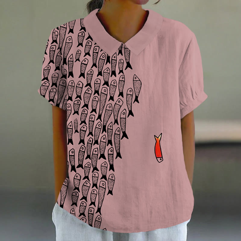 Cute Simple Lines Abstract Geometric Fish Art Print Casual Lapel Loose Blouse