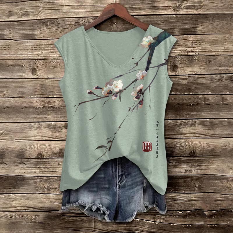 Dashingsoul Vintage Plum Blossom Art Print Women's Casual V-neck Tank Top