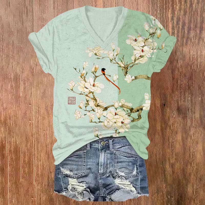 Japanese Contrast Pear Blossom Art Print V-neck T-shirt - Green - US32-34(5XL) - image 2