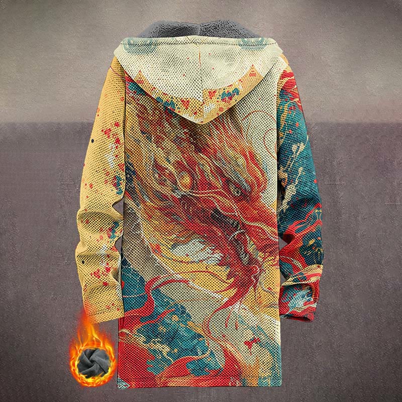 Retro Watercolor Dragon Pattern Print Unisex Plush Thick Long-sleeved Fleece Jacket Coat - image 3