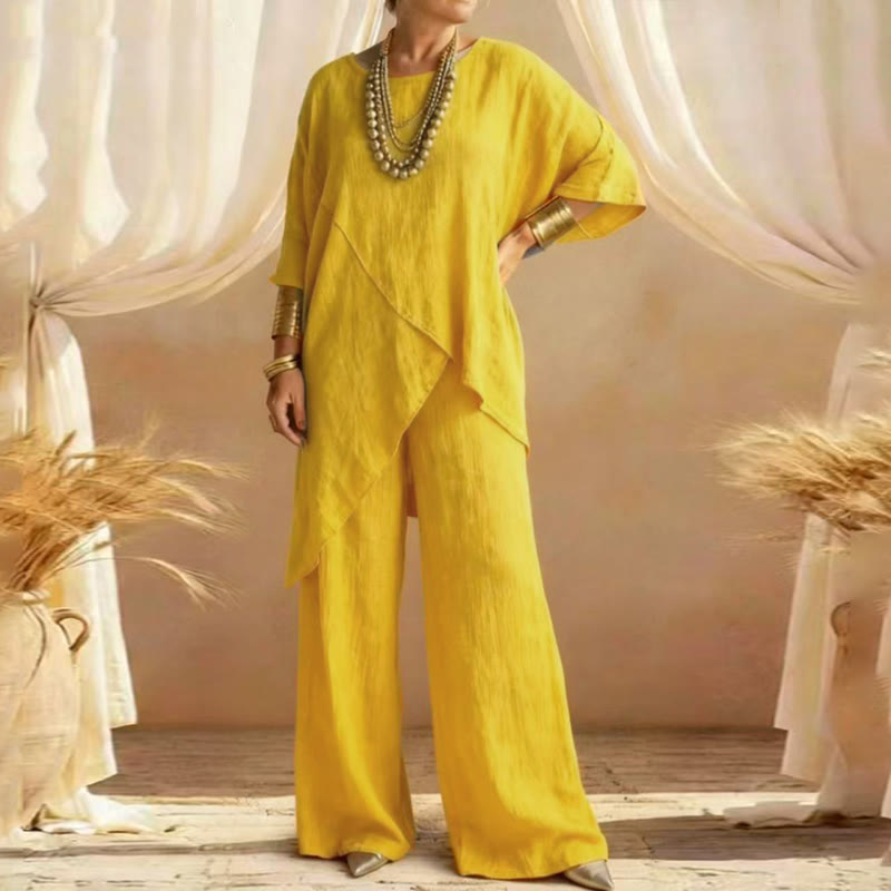 Elegant Solid Irregular Hem Round-neck 3/4 Sleeves Blouse&pants Set - Yellow - 3XL - image 8