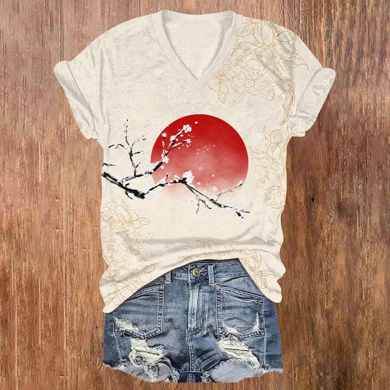 Vintage Cherry Blossom & Sun Art T-shirt - Beige - US32-34(5XL) - image 2