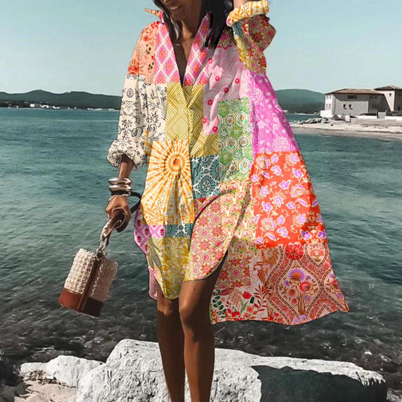 Vacation Bohemian Multicolor Floral Art Print Casual Loose Shirt Dress - Red - 5XL - image 4