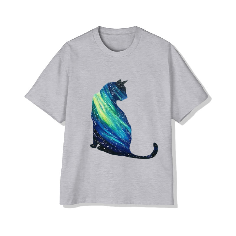 Unisex Creative Aurora Cat Pattern Print Short Sleeved Crew Neck T-shirt - Grey - 2XL - image 4