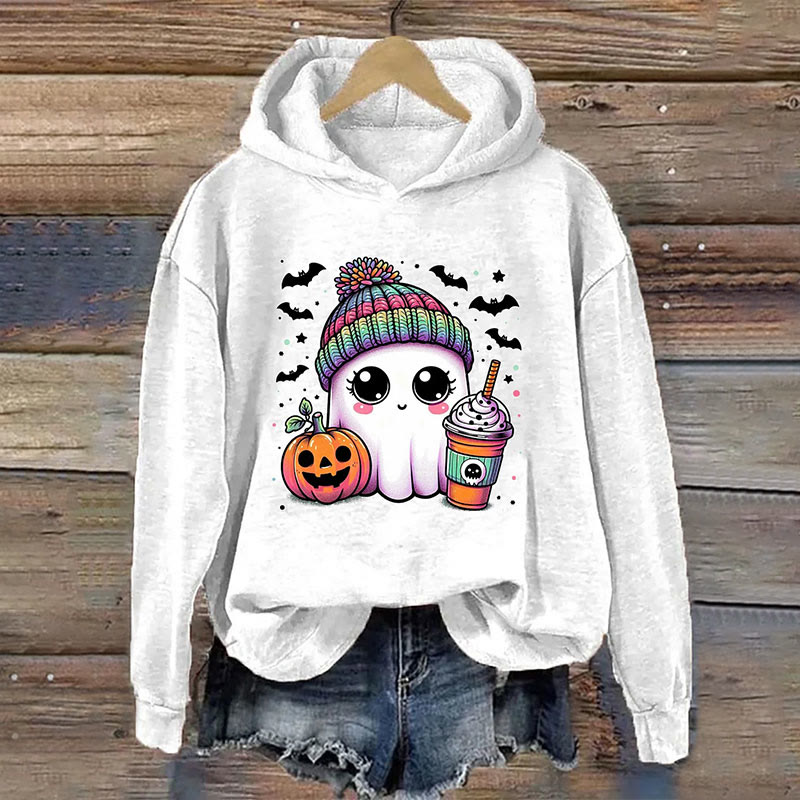 Dashingsoul Cute Ghost Coffee Halloween Print Casual Long Sleeve Hoodie