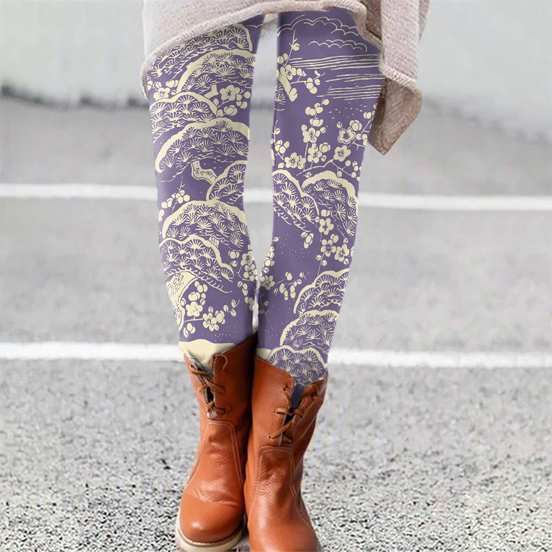 Women's Japanese Art Plum Blossom Art Print Leggings - Purple - 5XL - image 2