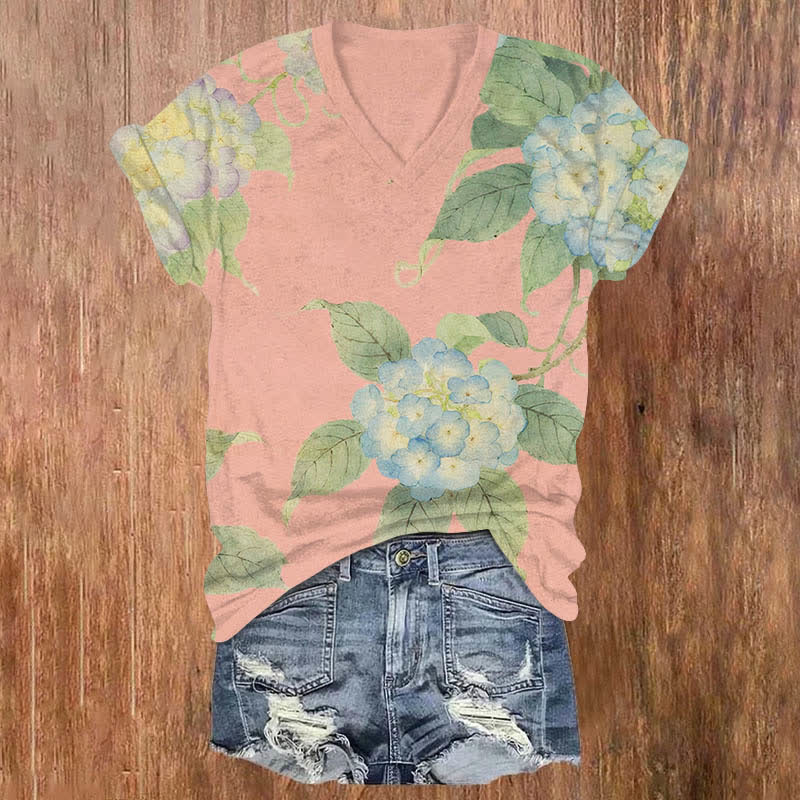 Japanese Watercolor Hydrangea Art Print V-neck T-shirt - Pink - US32-34(5XL) - image 7