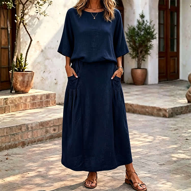 Elegant Solid Print 3/4 Sleeve Casual Blouse & Solid Pocket Skirt Set - Navy Blue - 4XL - image 7