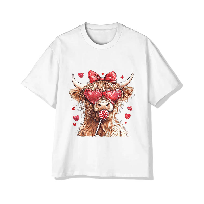 Unisex Valentine Cow Eating Lollipop Print Short Sleeved Crew Neck T-shirt - White - 2XL - image 3