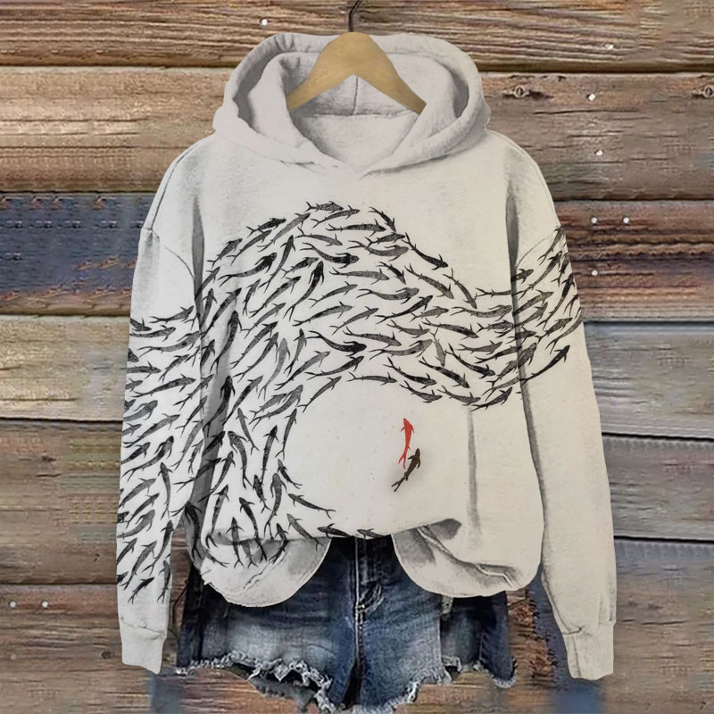 Fish Art Print Long Sleeve Hoodie - Apricot - 8XL - image 1