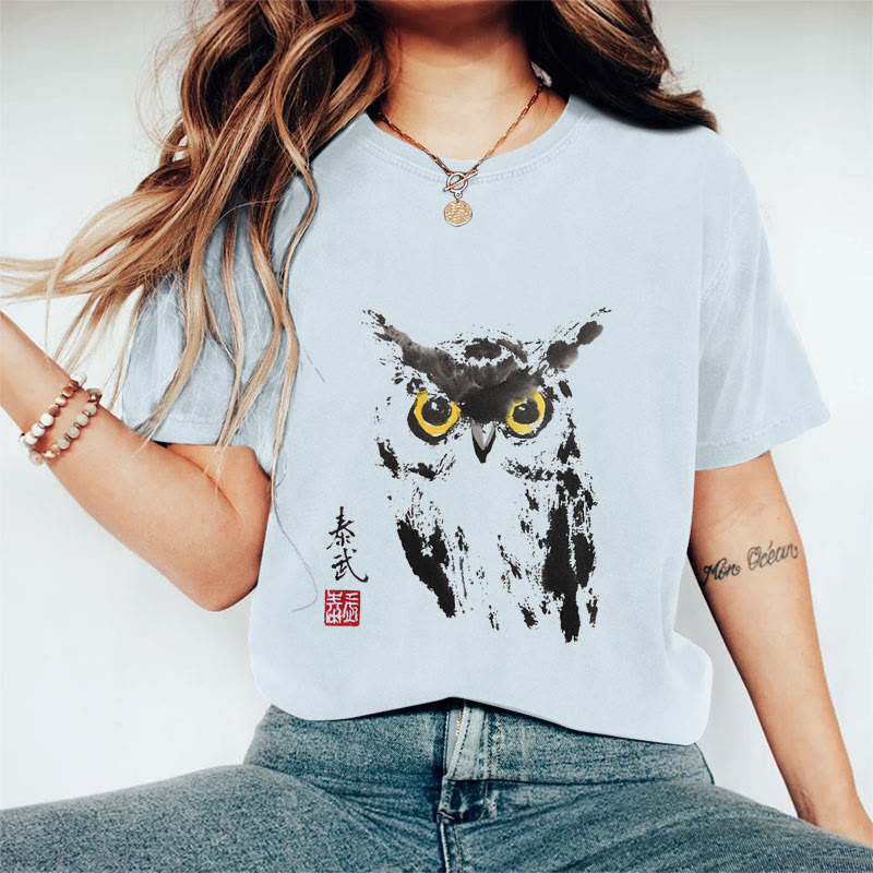 100% Cotton Women's Owl Art Print Casual T-Shirt - Blue - 2XL - image 8