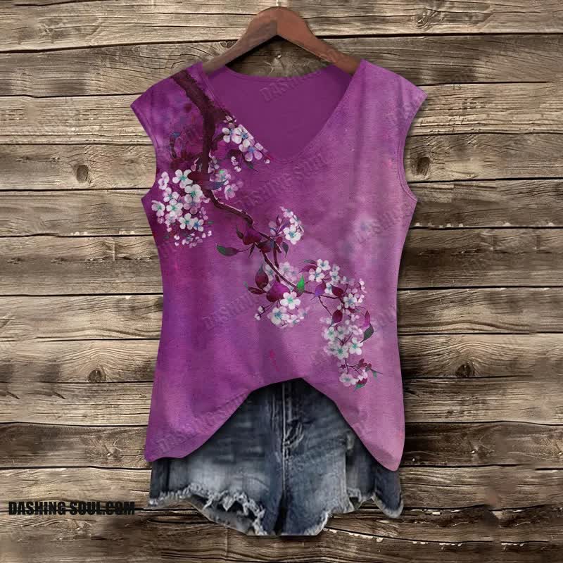 Japanese Antique Pear Blossom Ink Painting V Neck Casual Tank Top