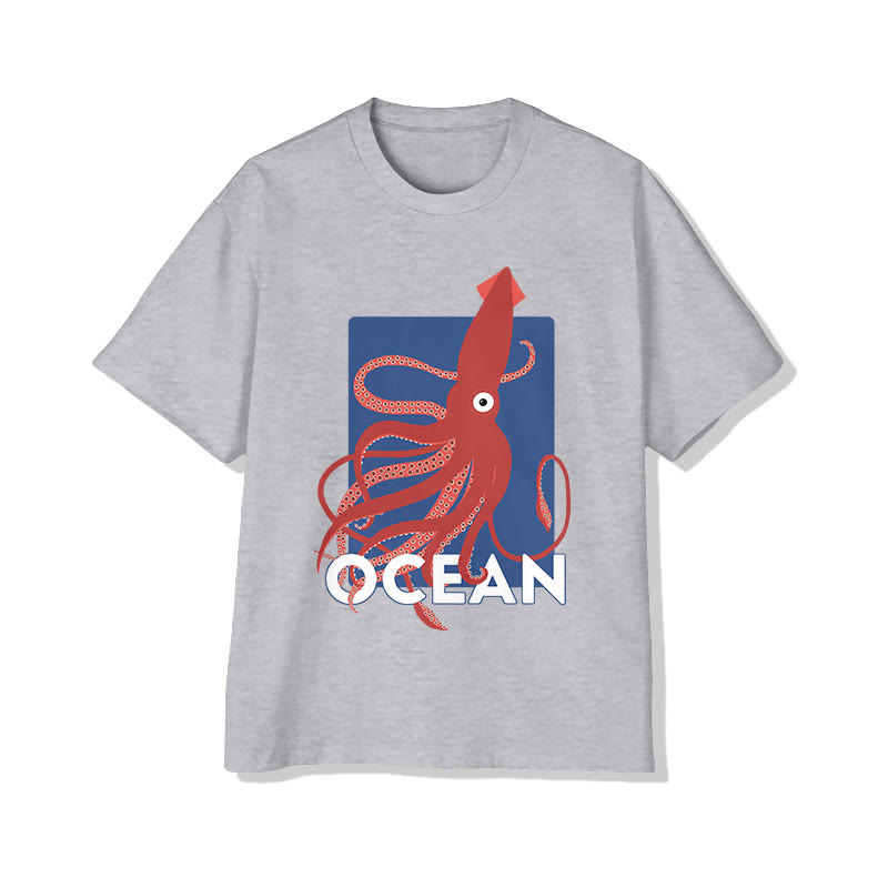 Unisex Japanese Ocean Squid Art Pattern Pattern Cotton Print T-shirt - Grey - US20-22(3XL) - image 3