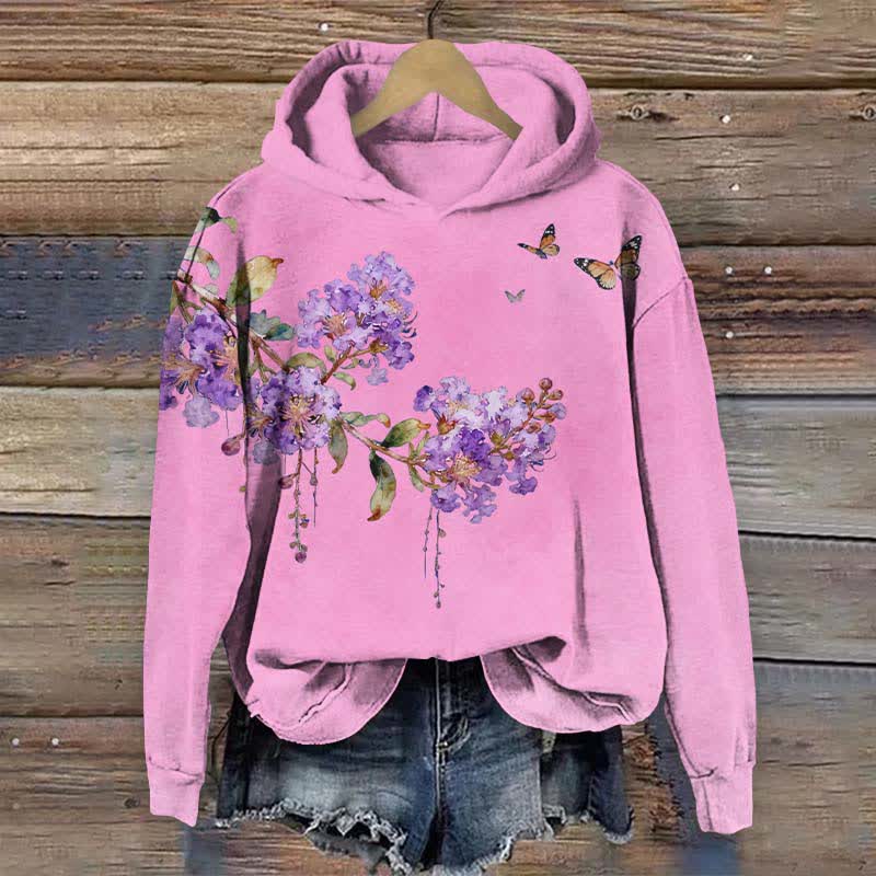 Vintage Crape Myrtle Flower Art Print Long Sleeve Hoodie - Pink - US44-46(8XL) - image 6