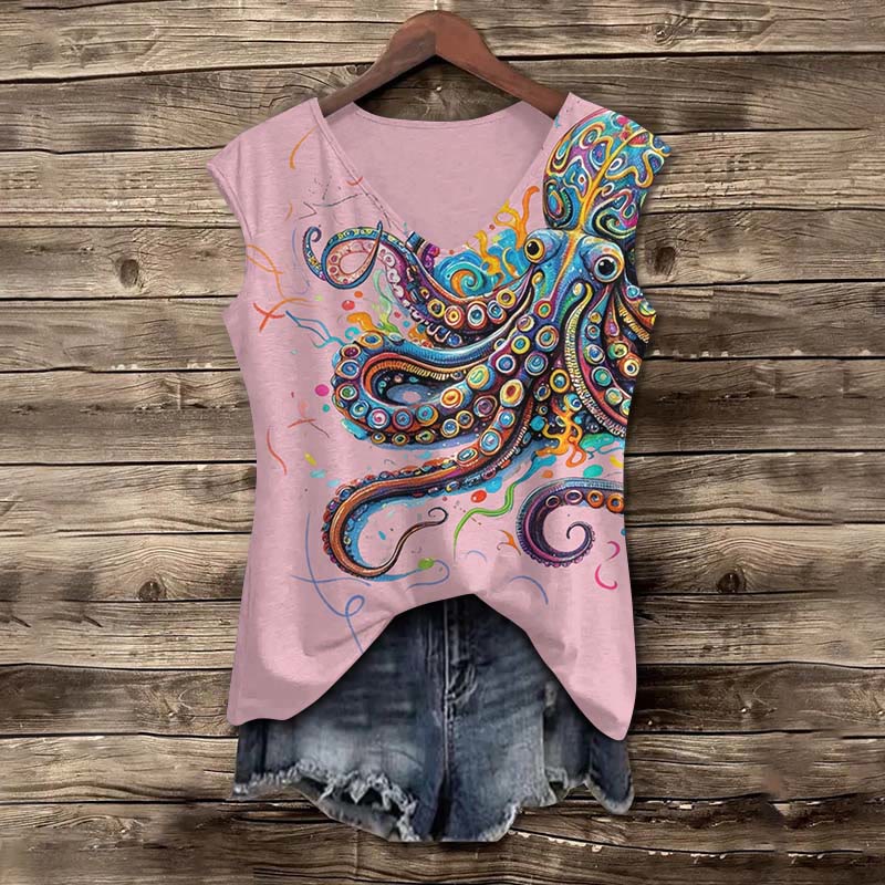 Vintage Rainbow Octopus Art Print V-neck Tank Top - Pink - 5XL - image 3