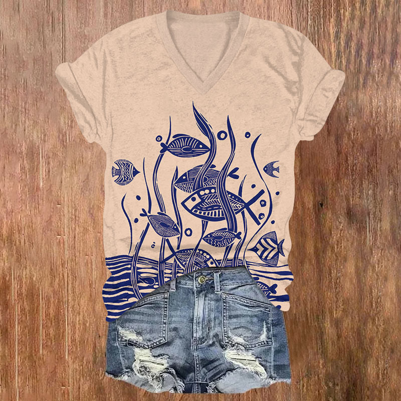 Creative Watercolor Cartoon Fish Art T-shirt - Apricot - US32-34(5XL) - image 2