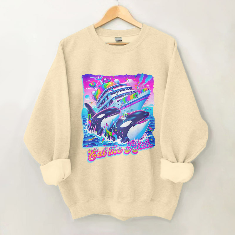 100% Cotton Eat The Rich Whale Print Crew Neck Sweatshirt - Apricot - 2XL - image 4