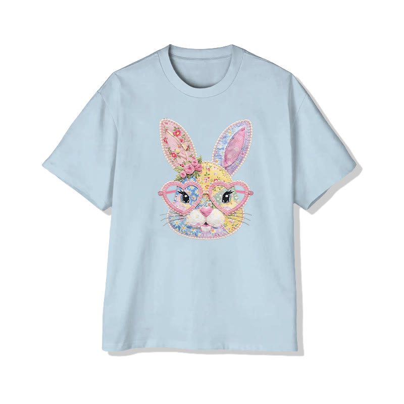 Easter Glasses Bunny Garden Flowers Print Pattern Cotton Print T-shirt - Light Blue - US16-18(2XL) - image 10