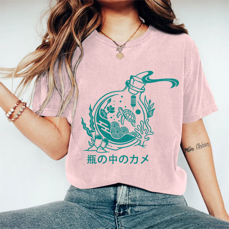 100% Cotton Women's Japanese Creative Turtle In Drift Bottle Art Print Casual T-shirt - Pink - 2XL - image 3