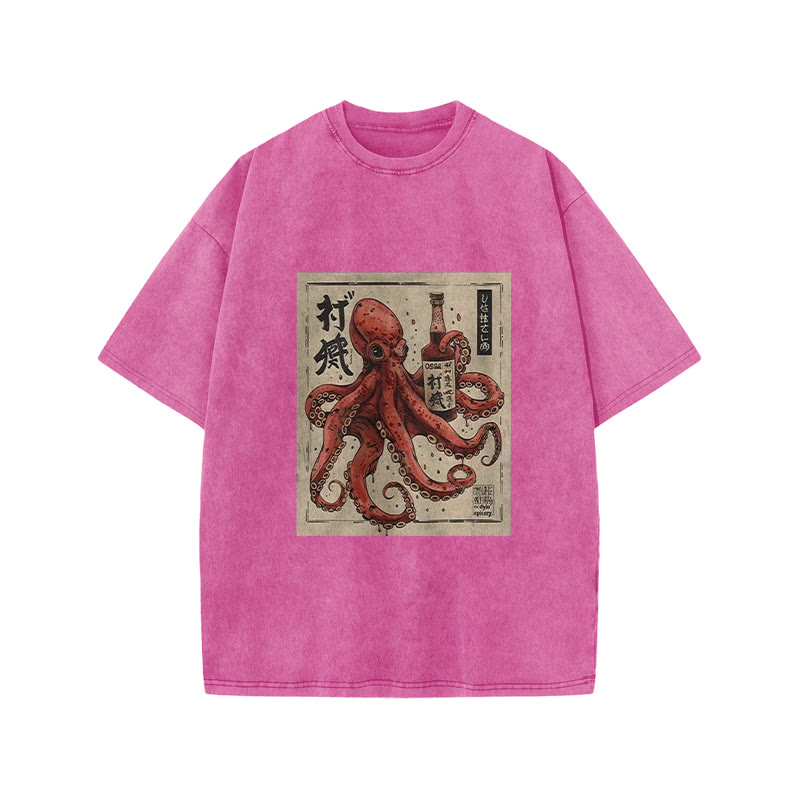 Unisex 100% Cotton Osaka Saké Octopus Vintage Print Acid Washed T-shirt - Pink - 3XL - image 9