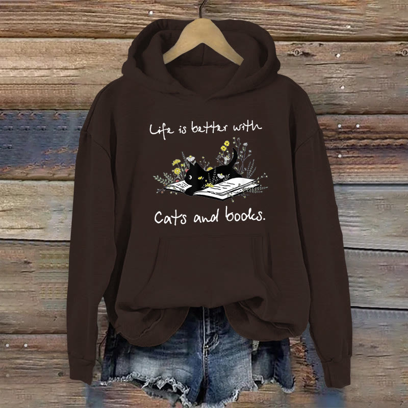 100% Cotton Cute Cats And Books Print Women's Hoodie - Coffee - 2XL - image 3