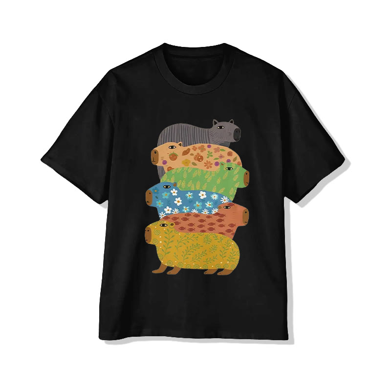 Unisex Capybara Print Short Sleeve Crew Neck T-shirt - Black - 2XL - image 4