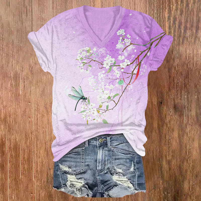 Japanese White Sakura & Dragonfly Print V-neck T-shirt Print V-neck T-shirt - Purple - US32-34(5XL) - image 4