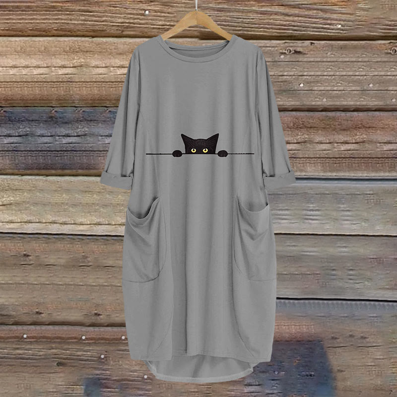 Women's Casual Black Cat Print Crew Neck Dress - Grey - 8XL - image 3