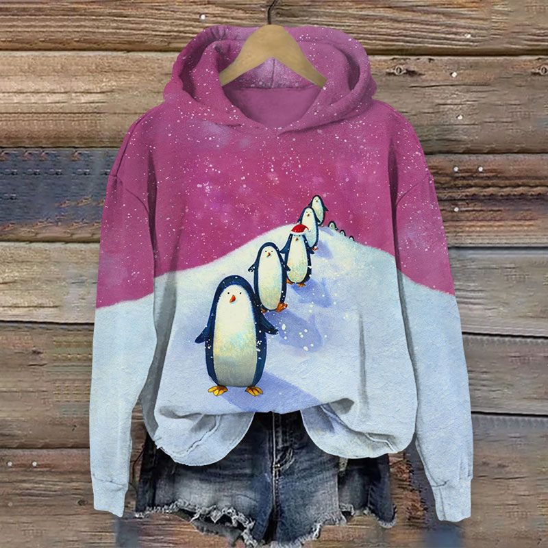 Christmas Adorable Penguins In Line  Print Long Sleeve Hoodie - Purple - US44-46(8XL) - image 4