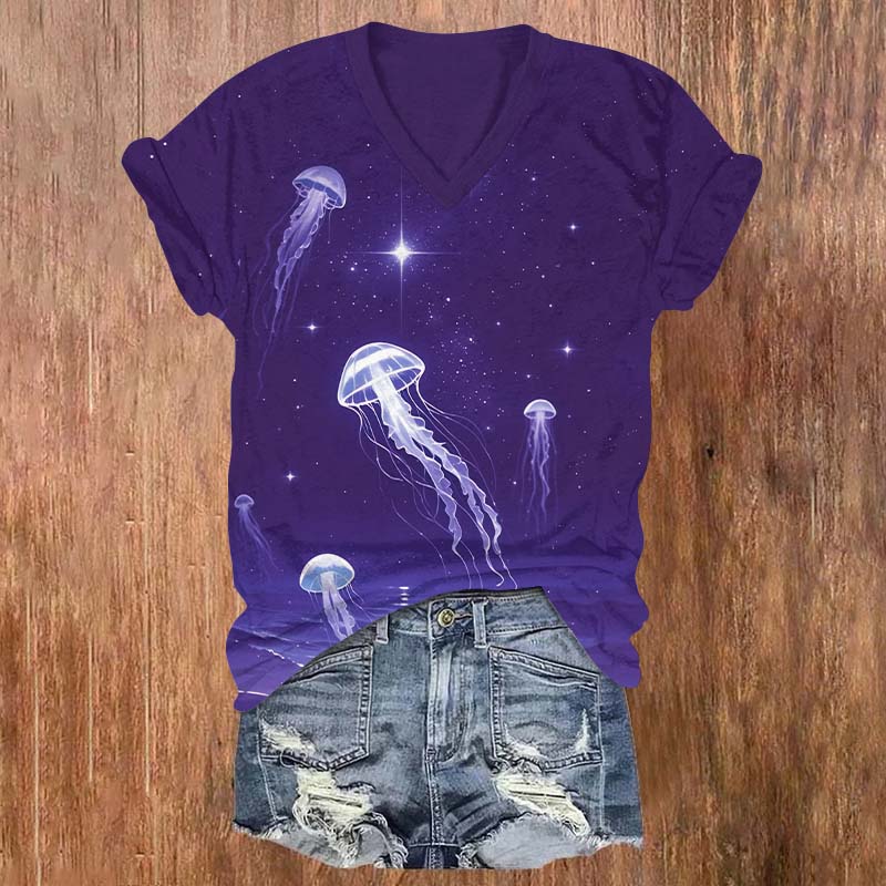 Vintage Starry Glowing Transparent Jellyfish Print V-neck T-shirt - Purple - US32-34(5XL) - image 3