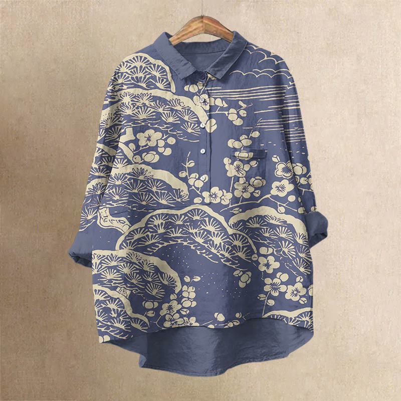 Women's Japanese Art Plum Blossom Print Casual Lapel Blouse