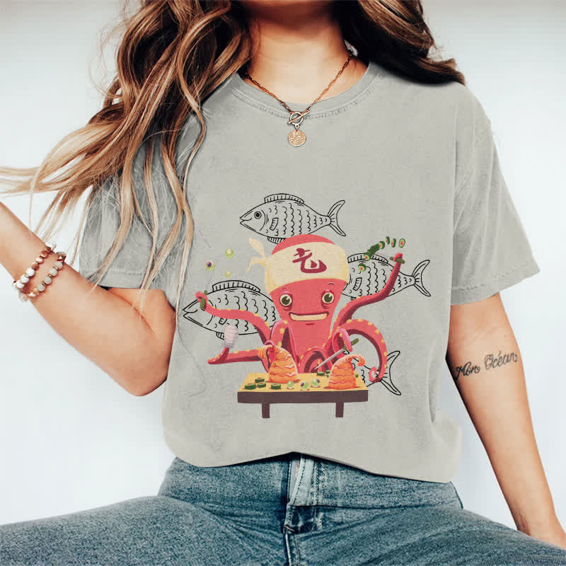 100% Cotton Japanese Octopus Making Sushi Art T-shirt - Warm Grey - 2XL - image 8