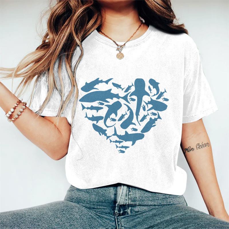 100% Cotton Valentine's Day Shark Heart T-shirt - White - 2XL - image 3