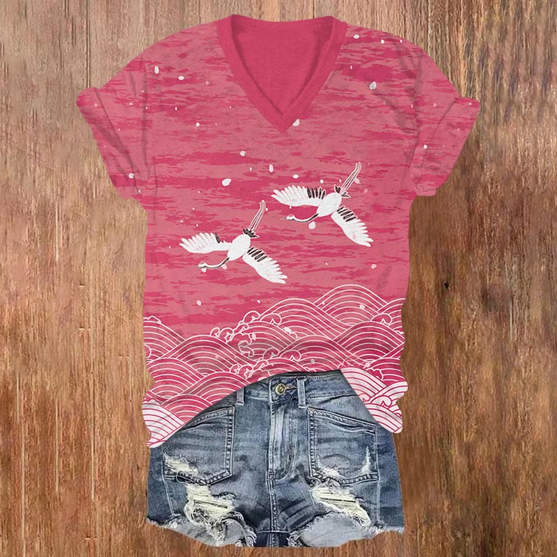 Japanese Art Waves Print  V-neck T-shirt - Pink - US32-34(5XL) - image 5